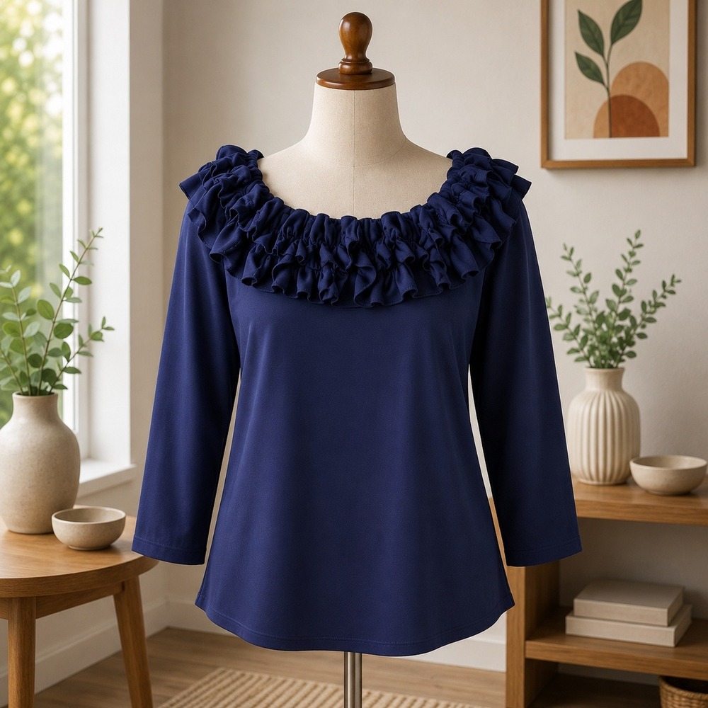 Beautiful by Lawrence Zarian Navy Blue Ruffle Neck Long Sleeve Top Womens 2X